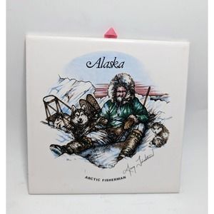 Vintage Doug Lindstrand Alaska Arctic Fisherman Tile Trivet Sled Dogs